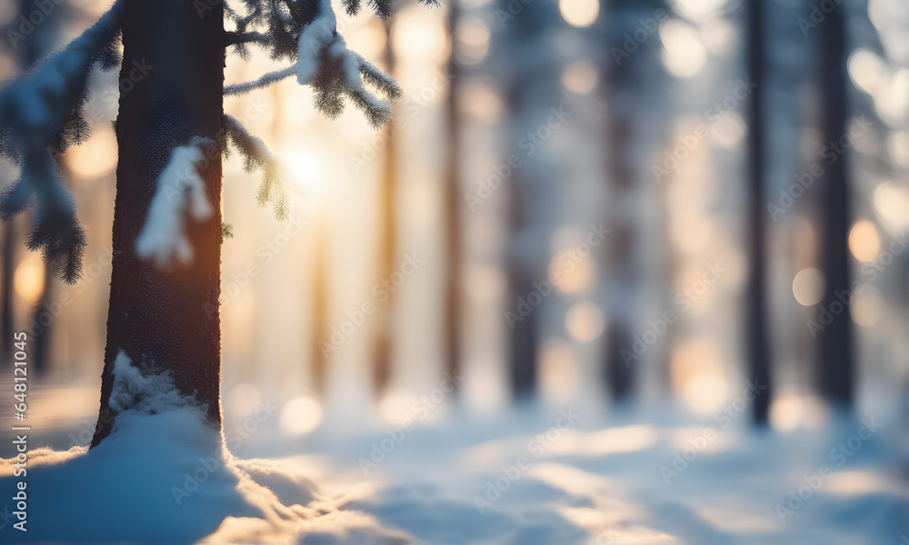 Poster winter fir tree branch with snow and sunlight bokeh