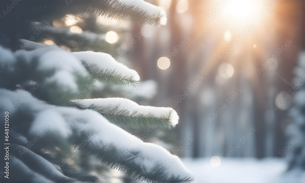 Poster winter fir tree branch with snow and sunlight bokeh