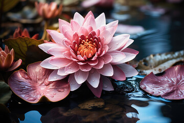 Pink water lilies flowers with rain drops on the lake surface, closeup