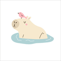 Vector illustration of a funny capybara sitting in a pond with a bird on her nose