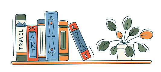 Doodle colourful bookshelf with books and home plant. Vector illustration, books set icon. I love books sign. Reading books concept. Minimalism, line art © Elena Iakovleva
