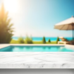 Empty marble table, blurred summer sea background with copy space for your product