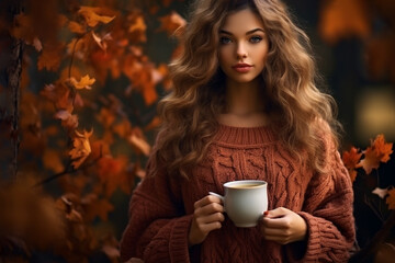 Пirl in sweater drinks hot coffee against background of autumn foliage