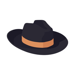 Black fedora hat vector illustration, flat black fedora hat with brown list vector art isolated on a white background
