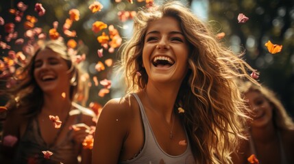A woman looking happy as confetti flies