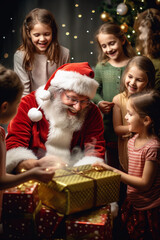 Fototapeta na wymiar Santa Claus with children Having fun and being happy at the party with a New Year's gift box