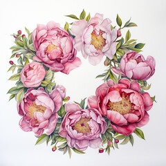 Watercolor of peony wreath white background