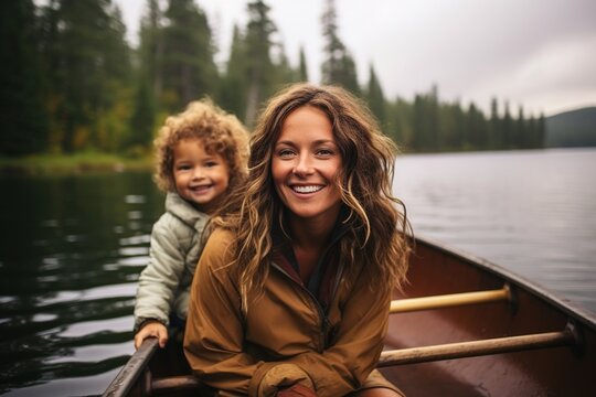 Happy mother and daughter riding in a boat on the lake in the forest.
