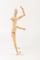 Wooden Mannequin, hopping, playing, without base, plain background, gesture, pose