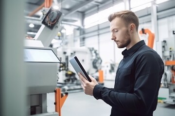 Man factory tablet work safety. Generate Ai