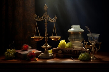 Scales of justice on wooden table
