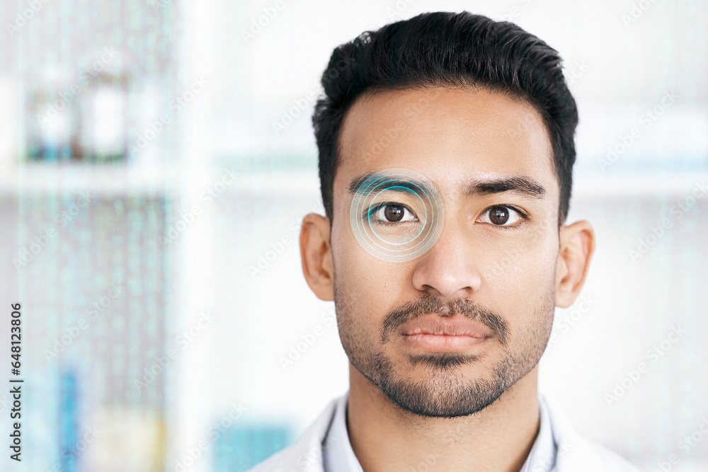 Poster face, eye and man with hologram, futuristic and network with technology, cyber security and facial s