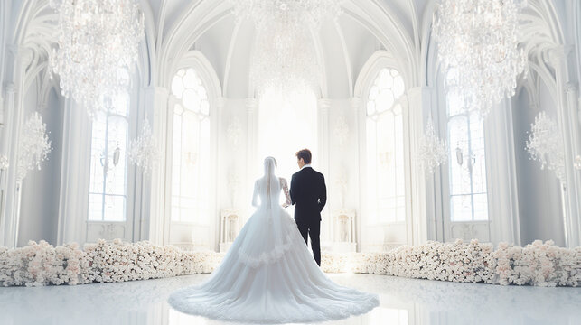 教会で結婚式を挙げるカップル