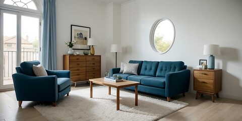 Light blue curved sofa in the living room, beautiful curved interior design