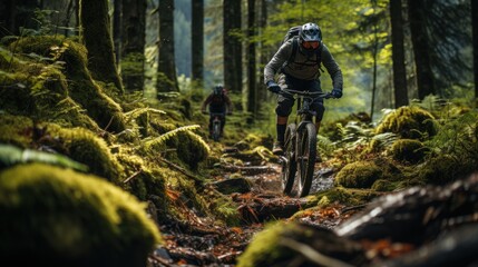 Mountain bikers cycling in the forest