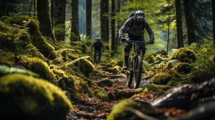 Keuken foto achterwand Bosweg Mountain bikers cycling in the forest
