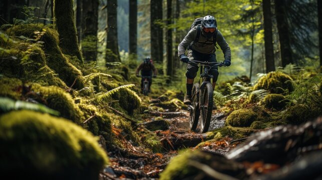 Mountain bikers cycling in the forest