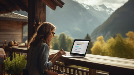 Caucasian woman working remotely on her laptop in rural Northern Europe, concept of living as a digital nomad and entrepreneurship - obrazy, fototapety, plakaty