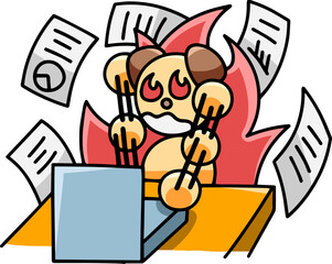 猛烈にパソコン仕事をするわんまるのイラスト(左右反転バージョン)　犬
