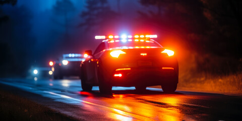 Nighttime Pursuit: Police Car in High-Speed Chase Amidst Fog - Blurred Background