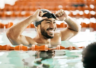Fotobehang Graffiti collage Smile, sports and fitness with man in swimming pool for competition, workout and health. Wellness, happy and exercise with person training in race for performance, contest and speed challenge