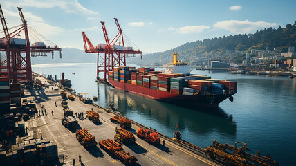 busy seaport with cargo ships being loaded and unloaded, cranes lifting containers, and logistics operations supporting global trade. Generative AI
