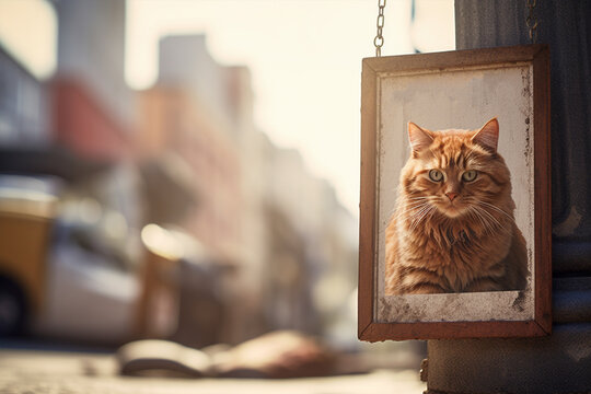 missing cat wanted poster hanging on the street, generative Ai