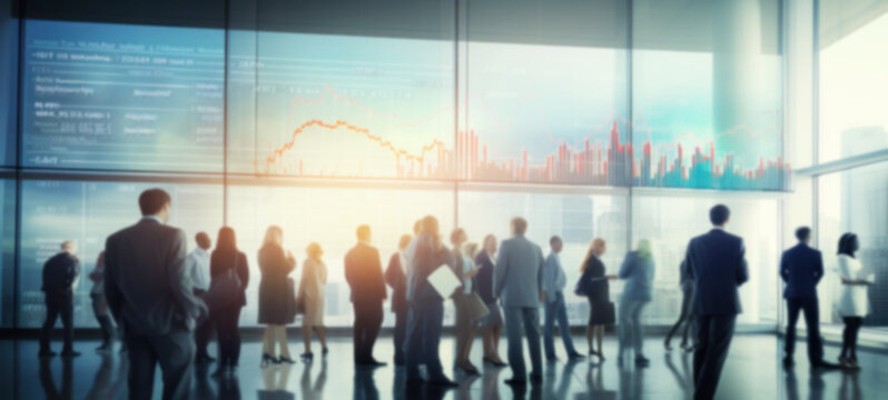 Crowd, business people standing together, scrutinizing a large digital wall display showing stock market index, Toned image double exposure, blurred,  background