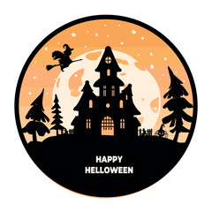 Halloween castle vector silhouette. witch on broom vector orange silhouette