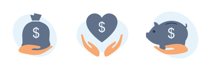 Money, piggy bank and heart in hands. Financial activity concept. Set of illustrations. Vector illustration.