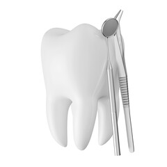 Realistic tooth with dentist instruments in on transparent background in 3d render 