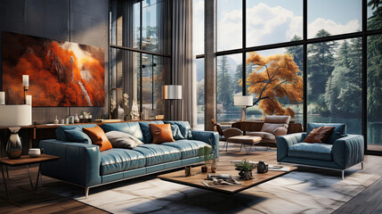 Stylish Living Room with Blue Sofas and Gray Armchair