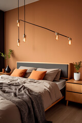 color photo of a master bedroom in an apartment, 15m2, in hitech style, integrated smart home features