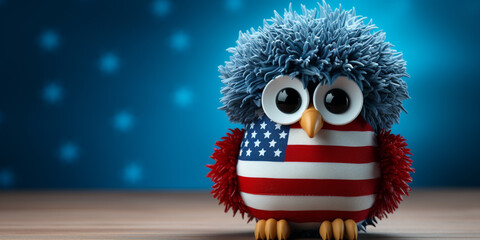 Patriotic toy owl with American flag background - obrazy, fototapety, plakaty