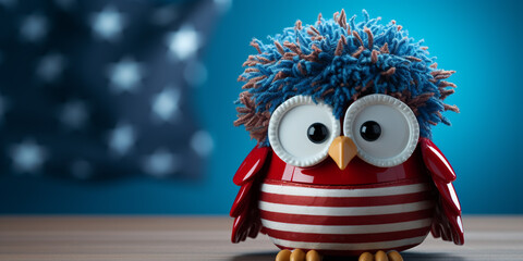 Patriotic toy owl with American flag background