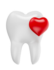 Realistic tooth with heart in on transparent background in 3d render 