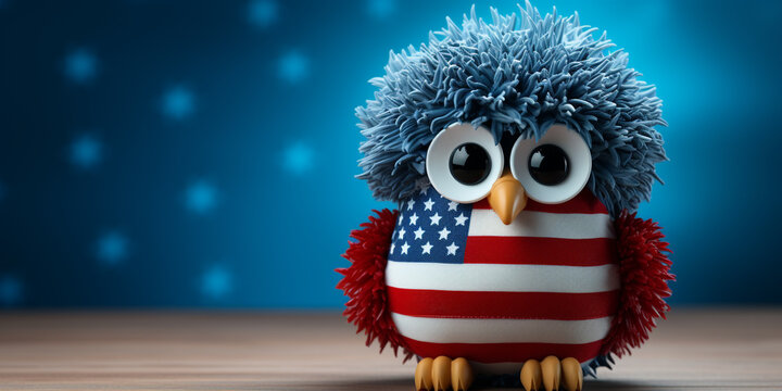 Patriotic toy owl with American flag background