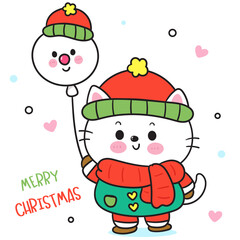 christmas card with santa claus cat and snowman balloon