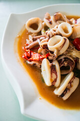 Stir-Fried Basil Squid. Thai food photography 