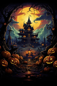 Halloween cartoon pictures with ghosts and decorations pumpkins