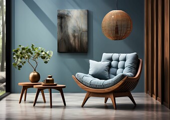 modern living room, matching blue color sofa , tea table and plant