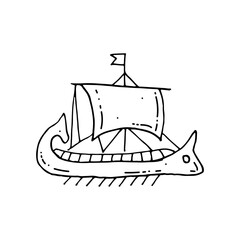 Ancient Greek galley. An ancient rowing multi-oared military vessel. Doodle. Vector illustration. Hand drawn. Outline.