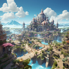 Fototapeta premium Generative AI,Fantasy landscape with a castle in the form of a fairy tale