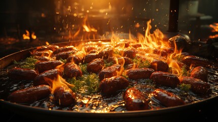 Close-up shot of burning barbecue sausages, Generative AI