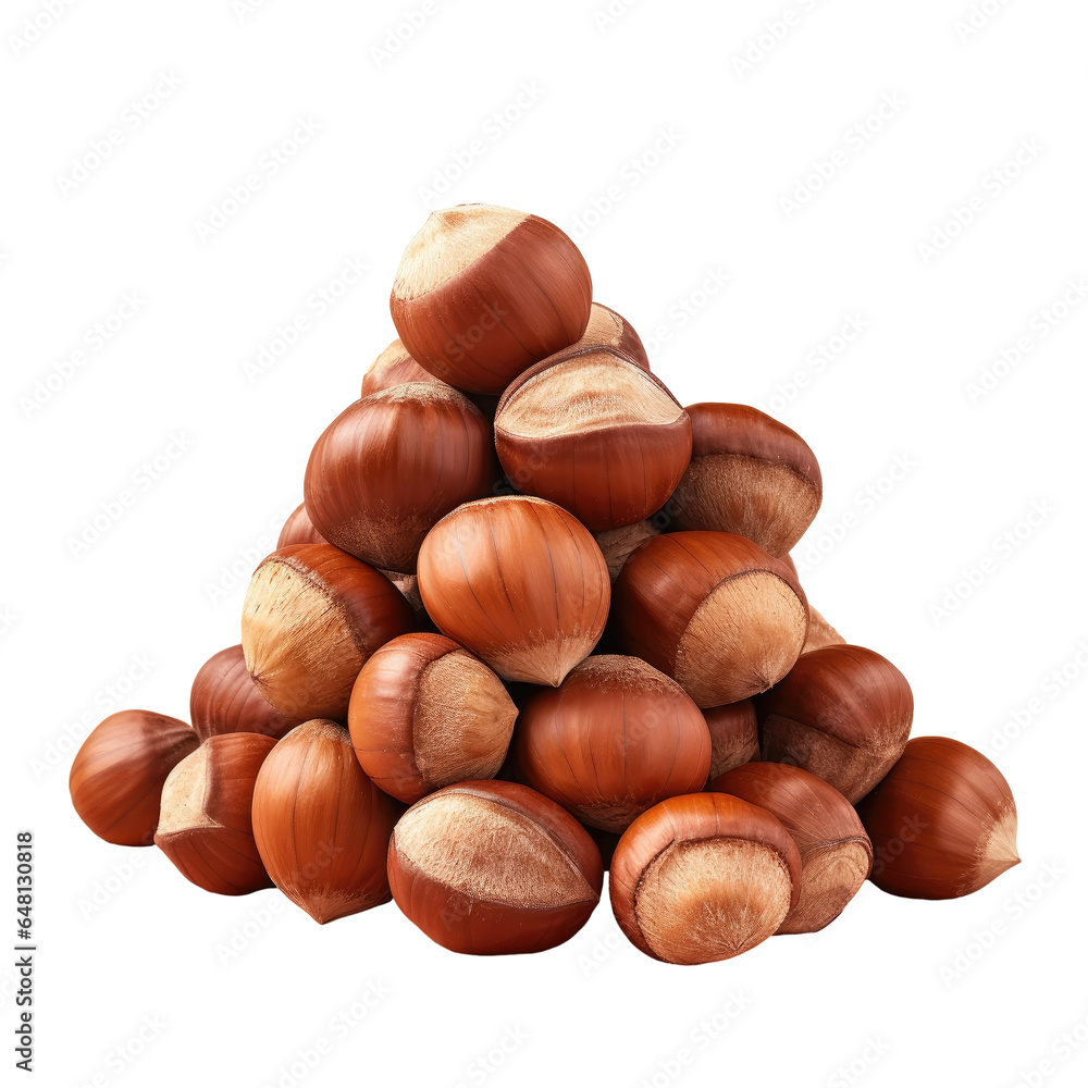 Poster pile of hazelnuts with shell close up.