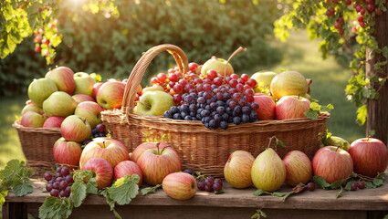 Assortment of fruits, apples, pears, grapes,
  in a basket in the garden