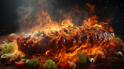 Close-up shot of burning barbecue sausages, Generative AI