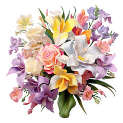 colorful floral bouquet of roses, lilies, freesia, orchids and irises