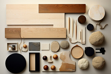 Flat lay of samples of textured natural materials displayed as composition