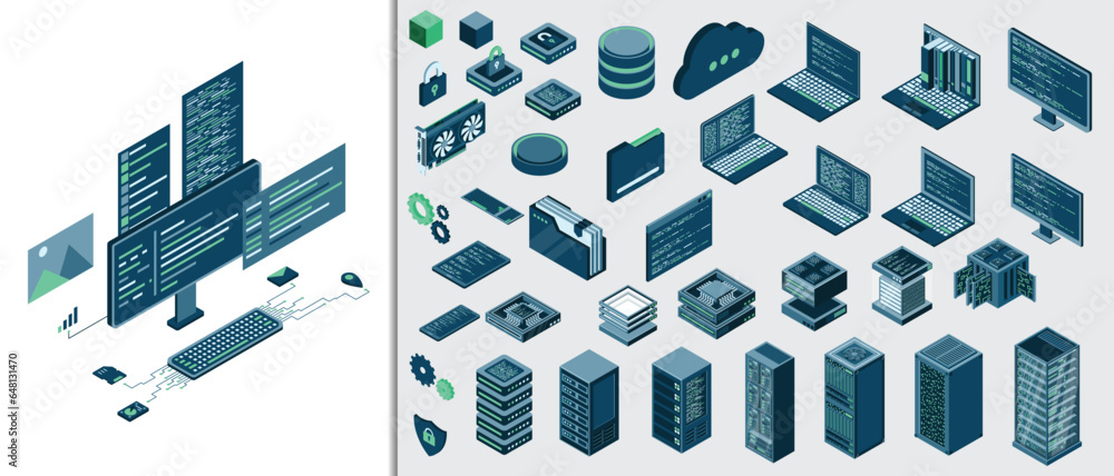 Poster set of isometric computer technology. isometric set server equipment. technology isometric icons. di